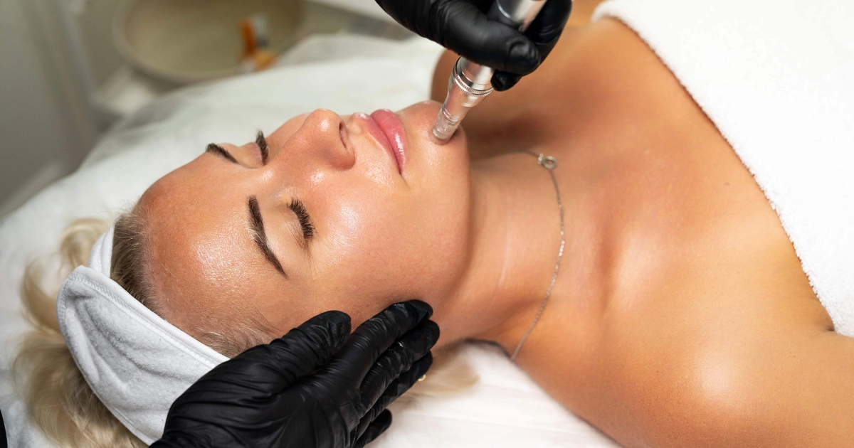 Woman getting Rejuvapen Microneedling NXT for radiant skin on chin_jawline by a gloved professional in Marietta, GA.