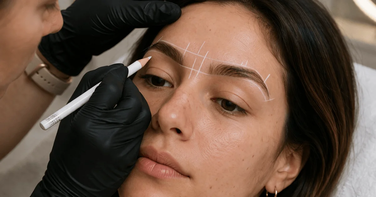 Brow mapping process for semi-permanent eyebrow tattoo tailored to face shape